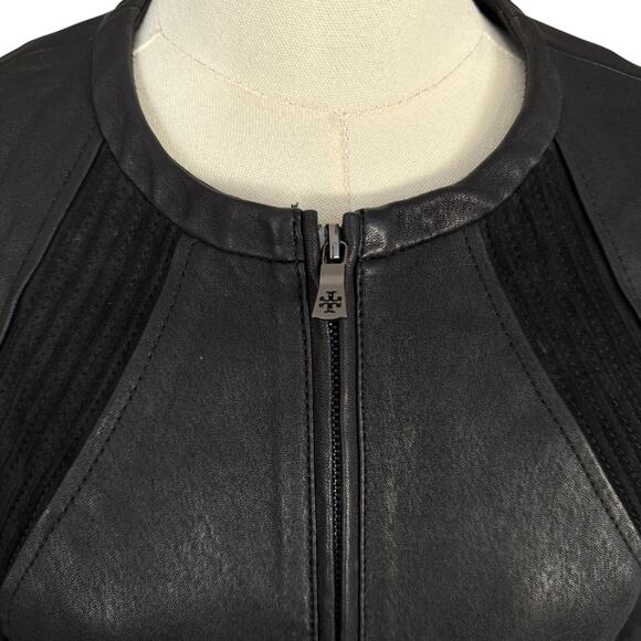 Tory Burch Leather Suede Trim Collarless Full Zip Jacket Black Size 6 - Picture 6 of 9